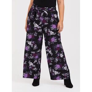 Torrid Black Floral Wide Leg Pants Size 2 Belted Tie Waist